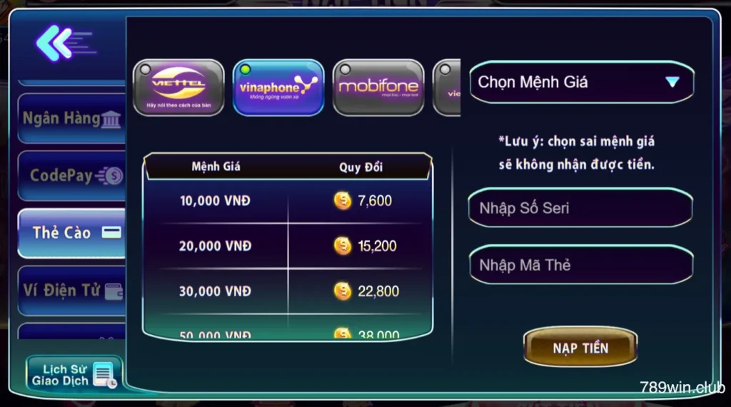 Nạp tiền 789Club dễ dàng